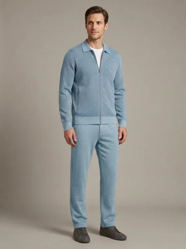Men's Modern Houndstooth Zip-Up Polo Collar Jacket and Jogger Pants Set