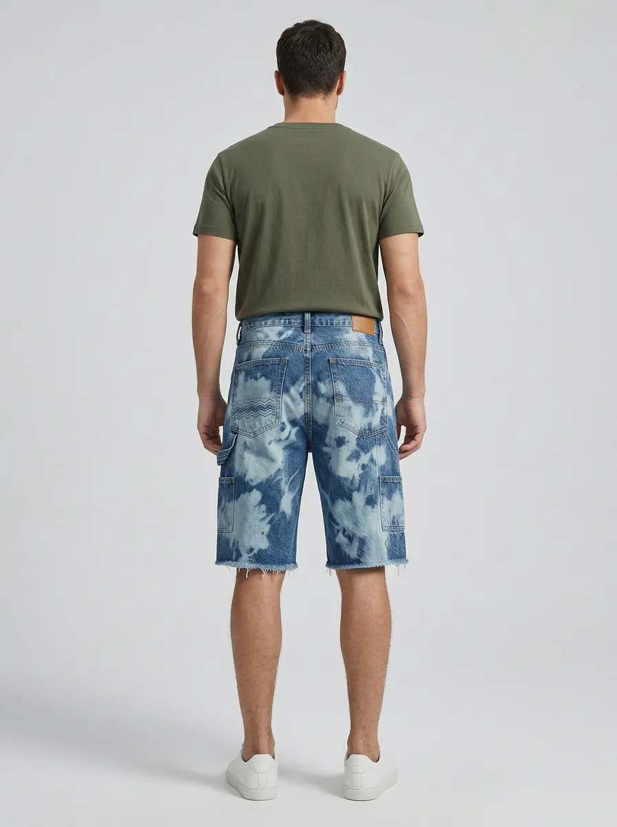 Men's Patchwork Distressed Raw Hem Acid Wash Distressed Denim Shorts