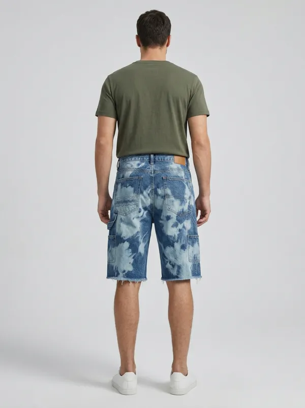 Men's Patchwork Distressed Raw Hem Acid Wash Distressed Denim Shorts