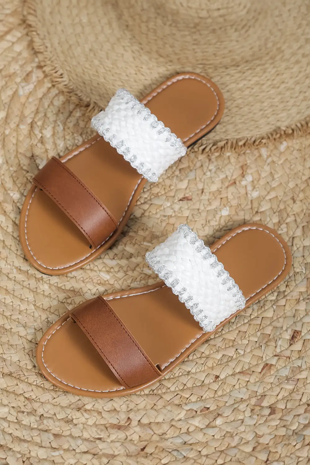 Faux Leather Woven Strap Flat Slide Slippers