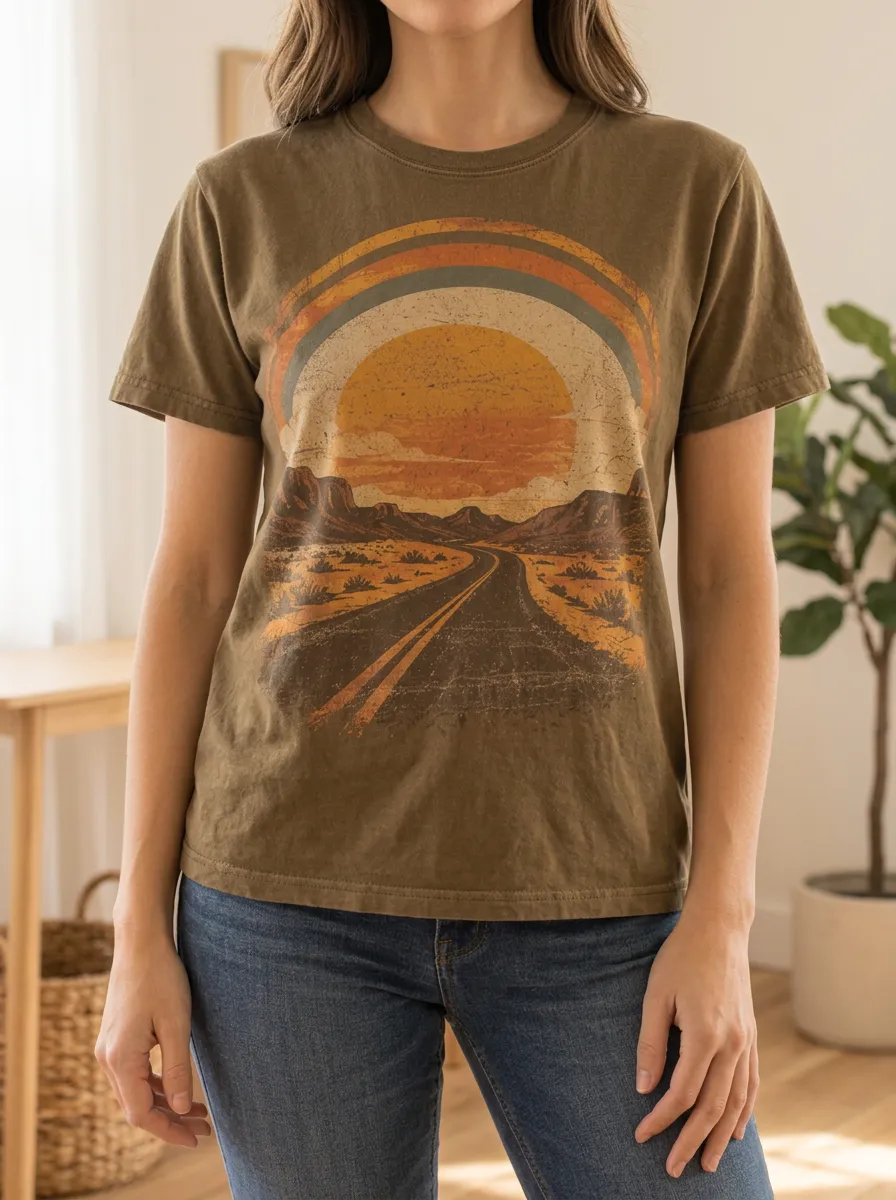 Women's Wilderness Retro Desert Road Sunset Crew Neck T-Shirt