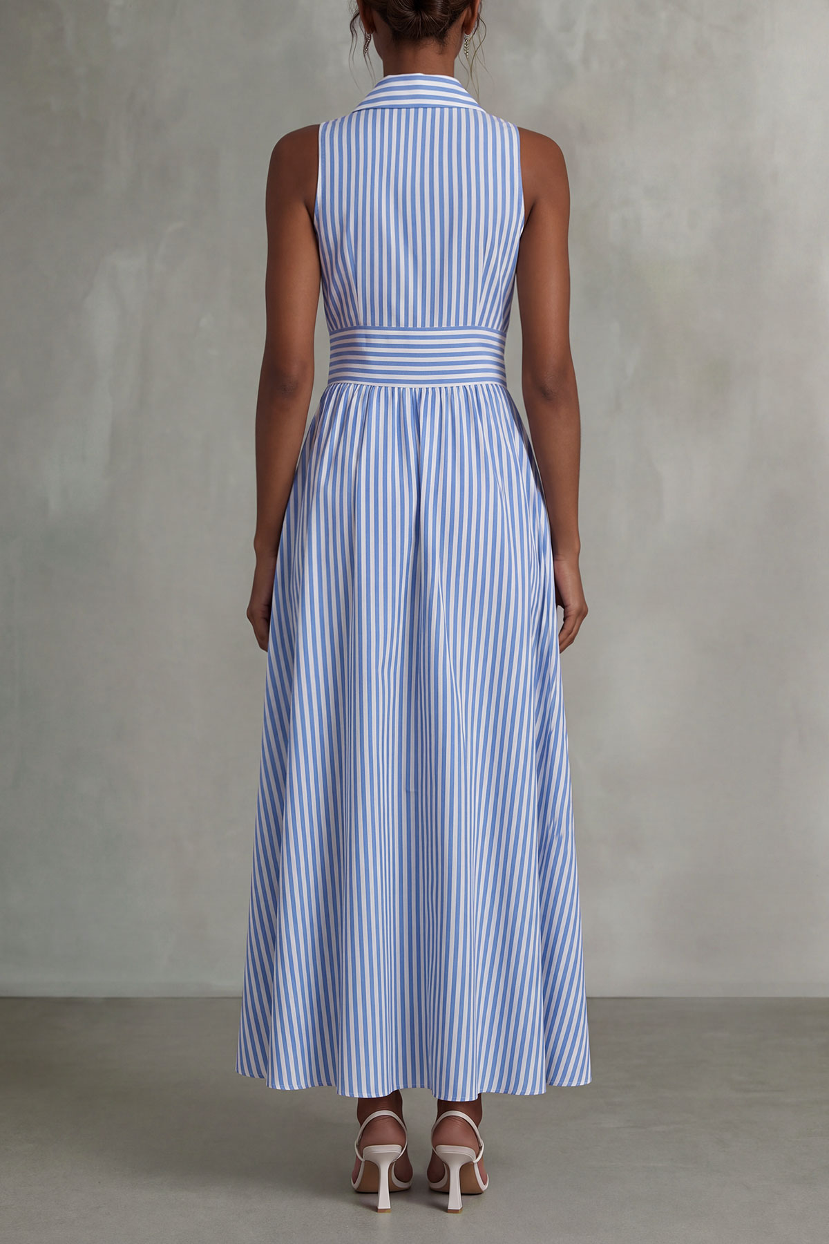 Tie Detail Button Front Striped Midi Dress