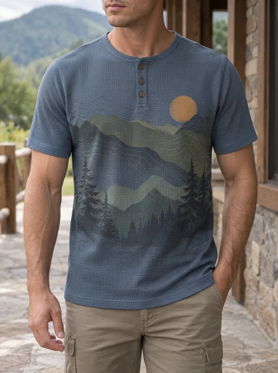 Men's Modern Mountain Forest Sunset Henley T-Shirt