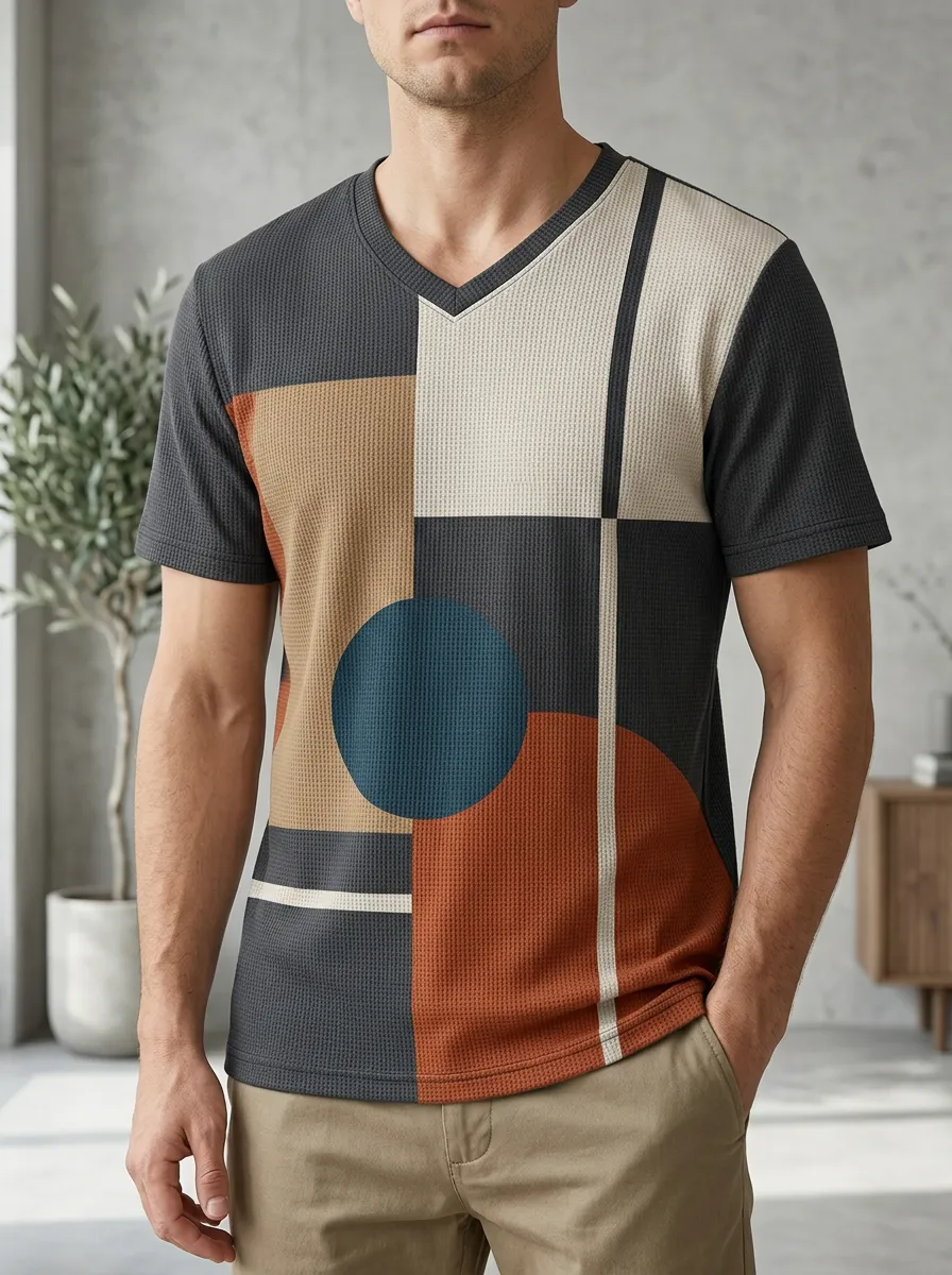 Men's Dynamic Geometric Abstract Waffle Knit V-Neck T-Shirt