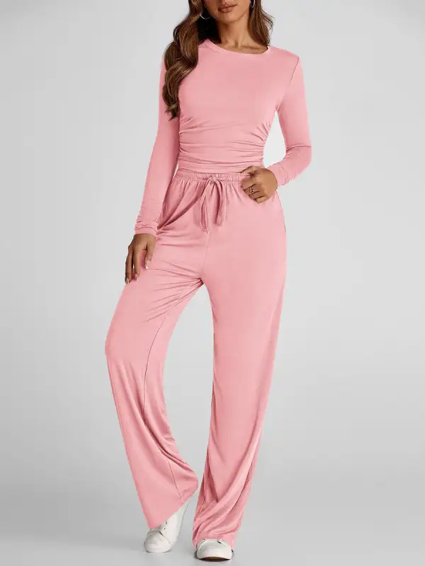 Pleated Round Neck Tee And Pants Set