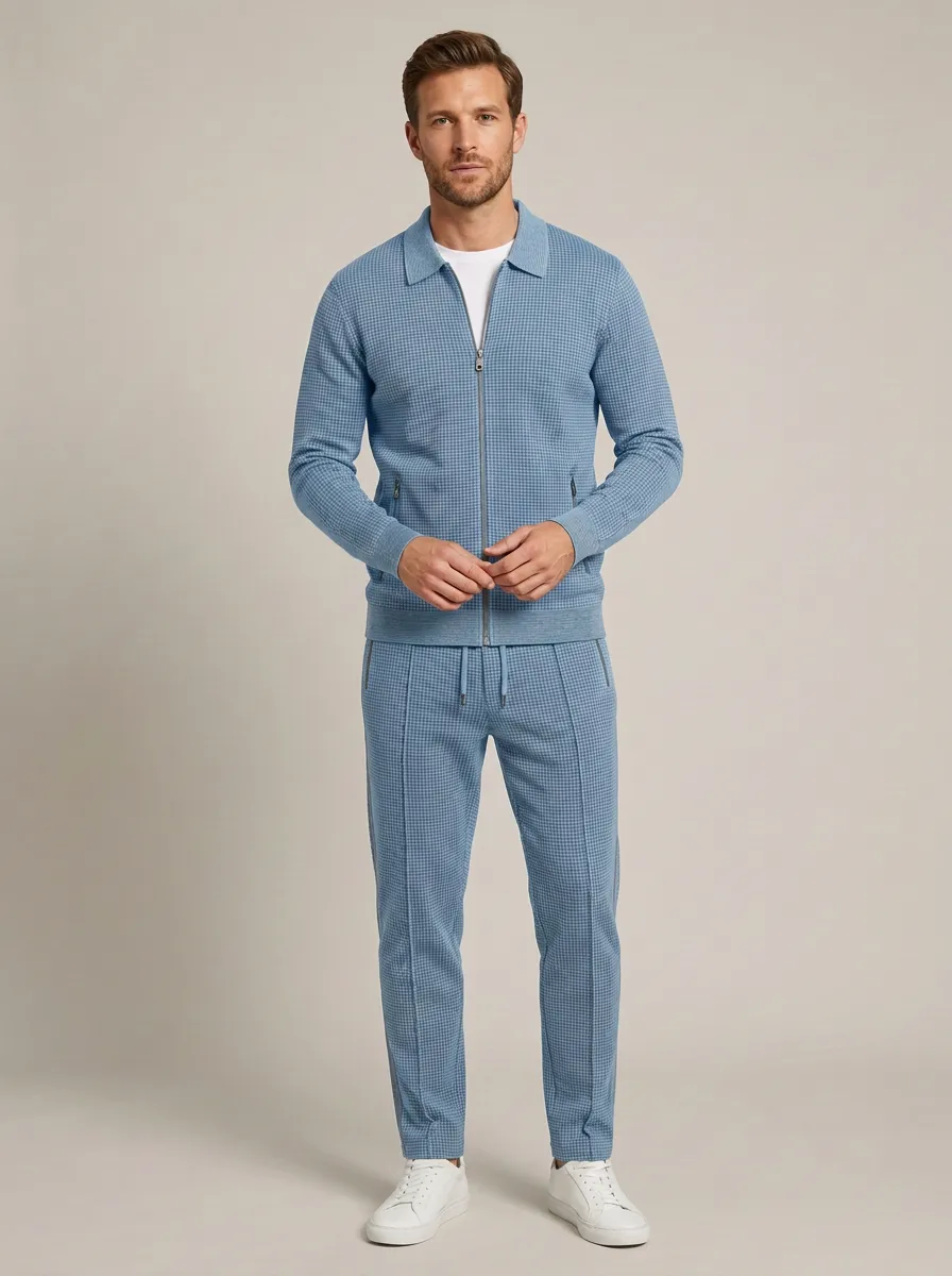 Men's Classic Houndstooth Zip-Up Polo Collar Jacket and Jogger Pants Set