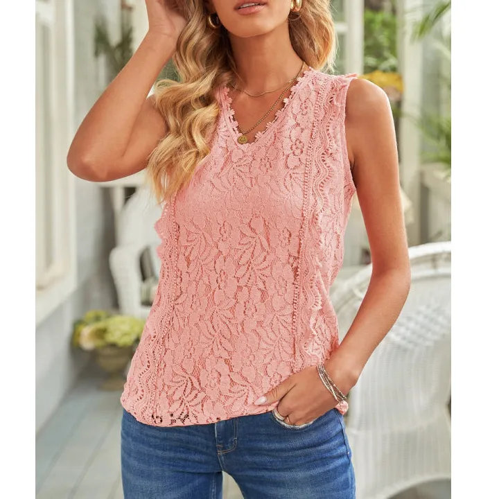 Wide-Strap V-Neck Lace-Detail Tank Top