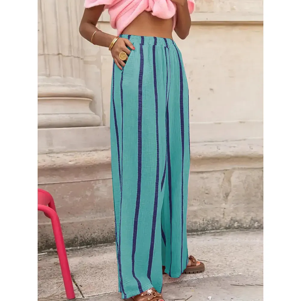 Women's Linen Striped Print Wide Leg Pants
