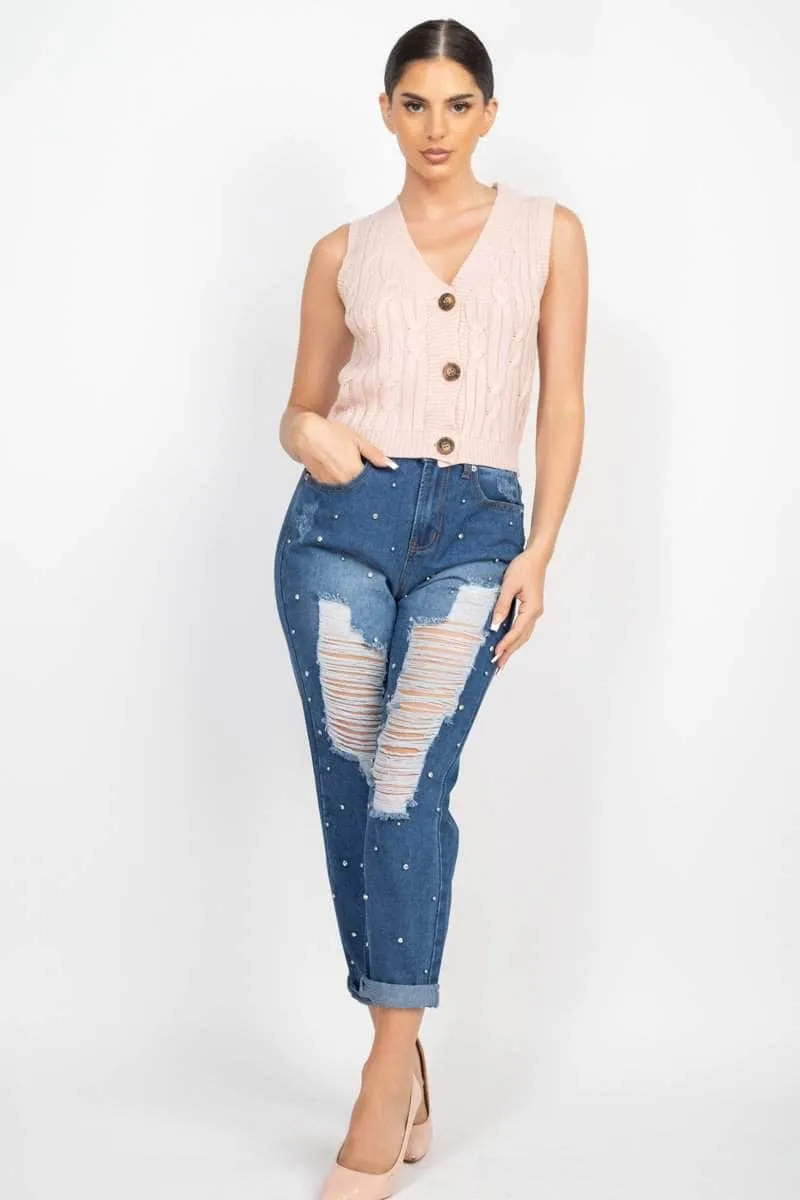Ripped Rhinestone Denim Jeans