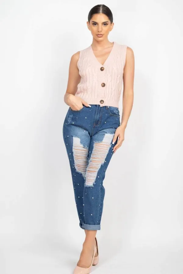 Ripped Rhinestone Denim Jeans