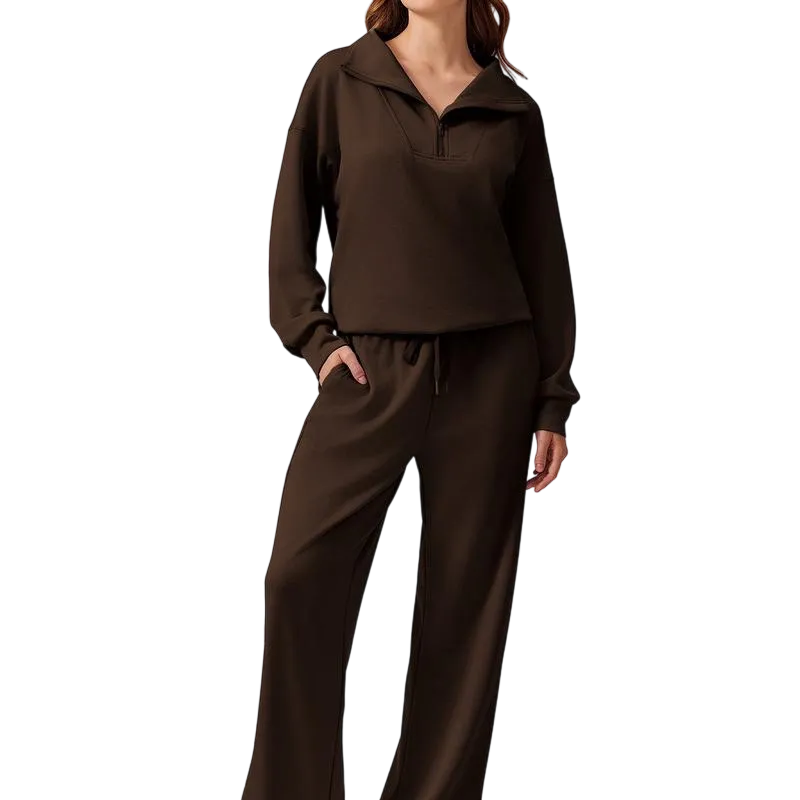 Women's Two-Piece Sports Set Long-Sleeved Half-Zip Cardigan Sweatshirt
