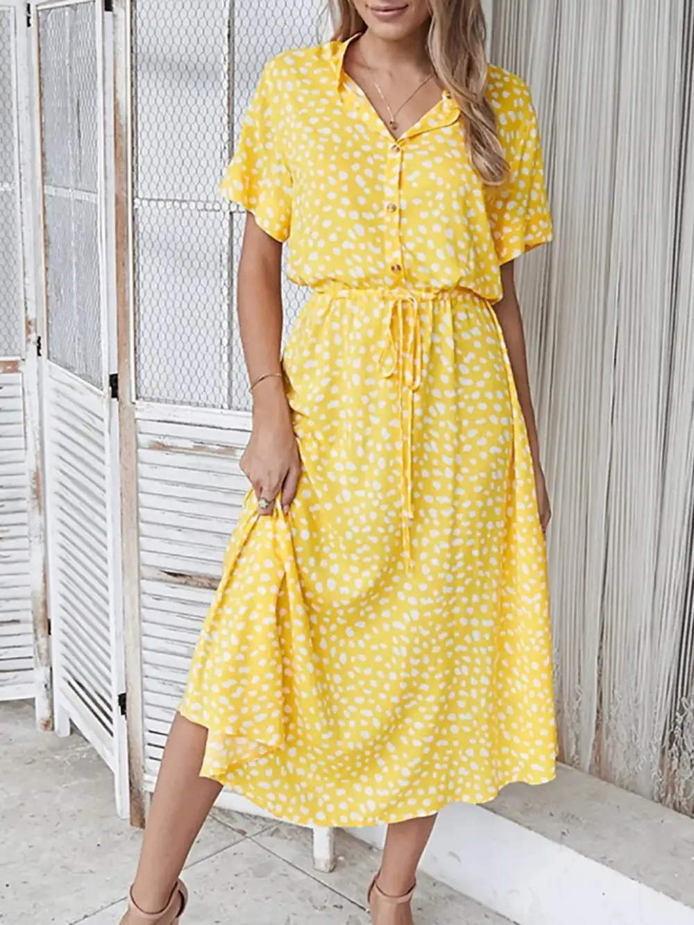 Polka Dot Button Front Midi Dress