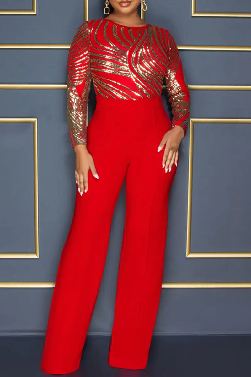 Fashion Casual Patchwork Sequins O Neck Regular Jumpsuits