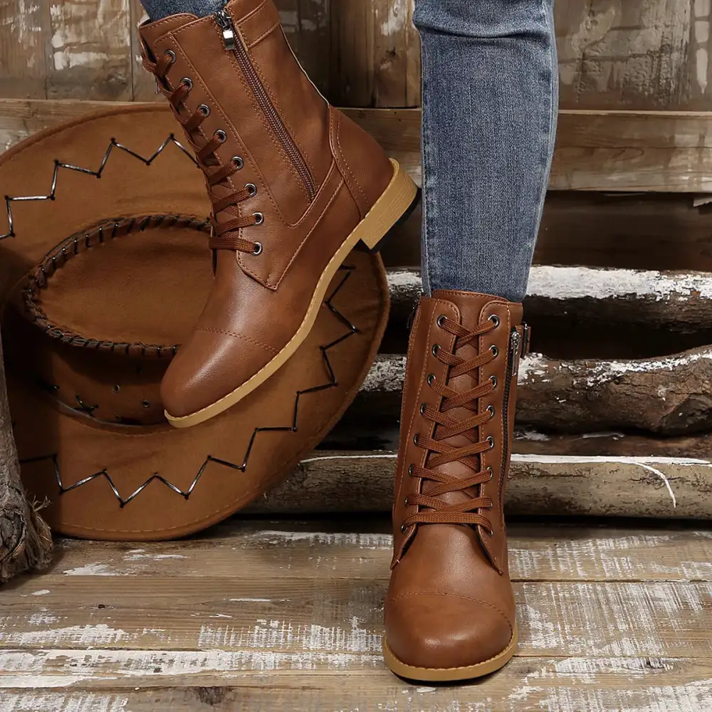 Casual Round Toe Block Heels Boots