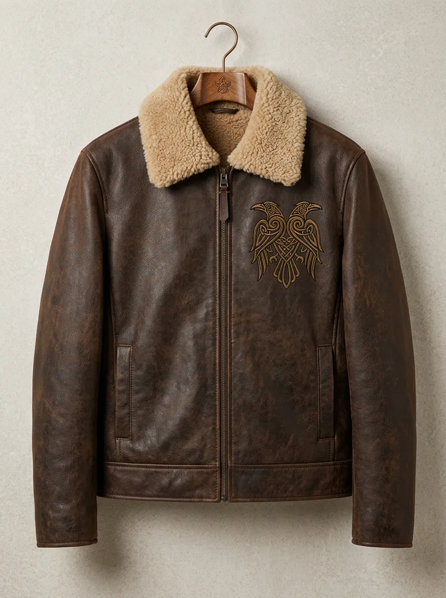 Men's Raven Embroidered Knotwork Denim-Look Jacket