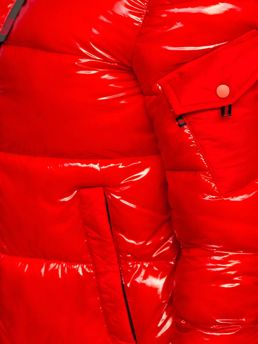 women's red quilted winter jacket with hood