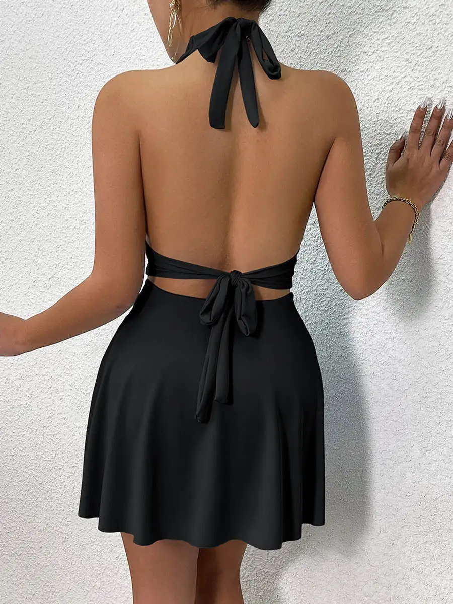 Bodycon High Waisted Backless Pleated Solid Color Split Joint Halter Neck