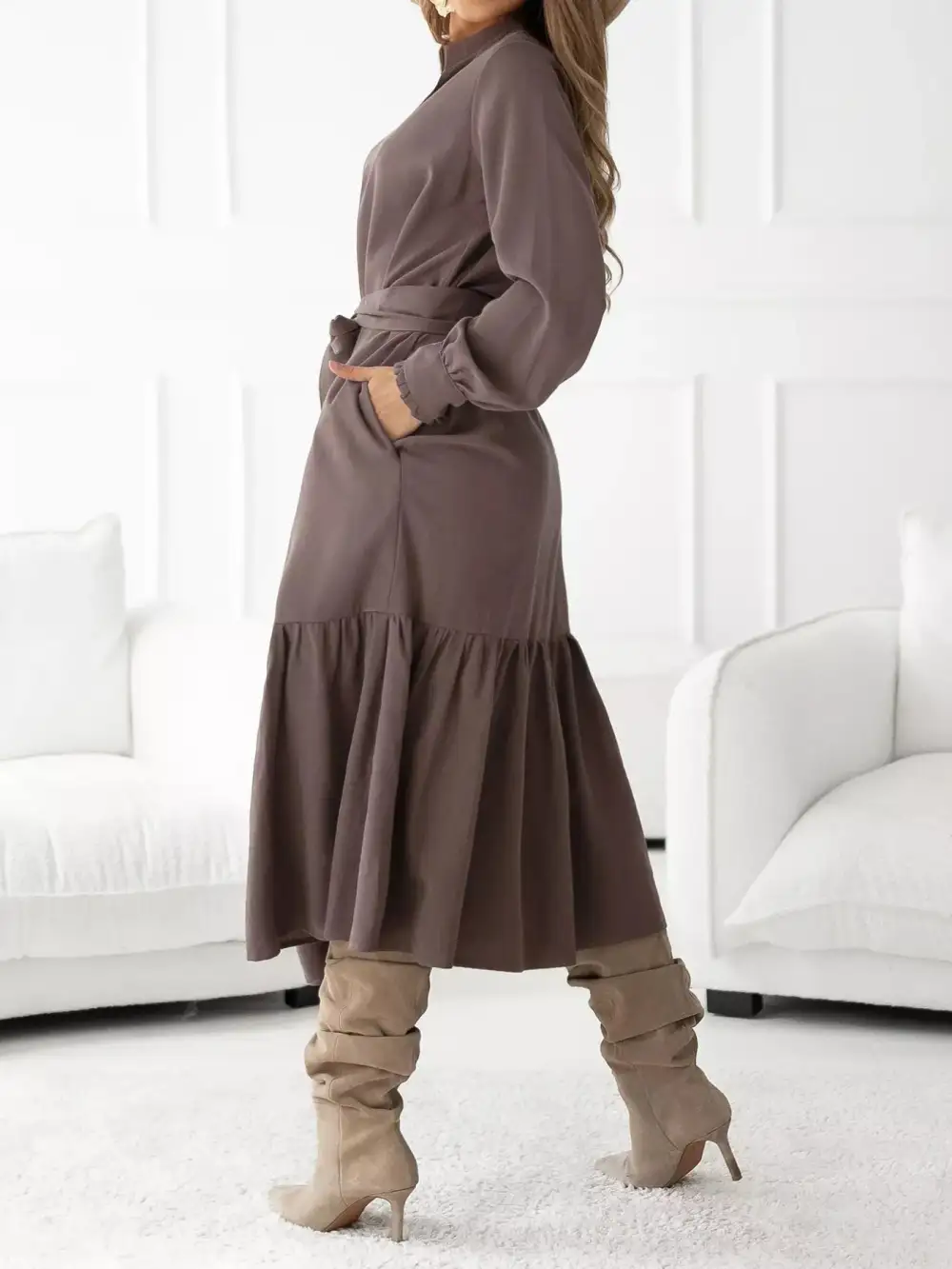 Tie Waist Ruffle Long Sleeve Midi Dress