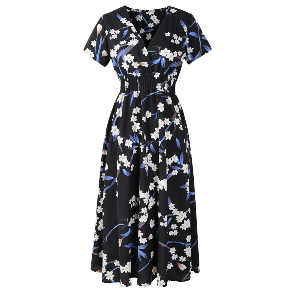 Chiffon Beach Dress Printed V-neck Short Sleeve Bohemian
