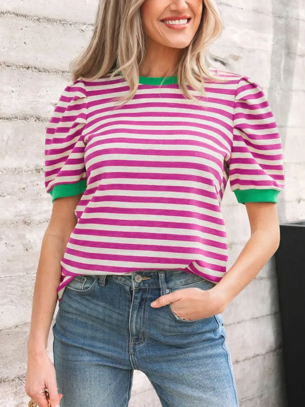 Stripe Short Puff Sleeve Contrast Trim Round Neck T-Shirt