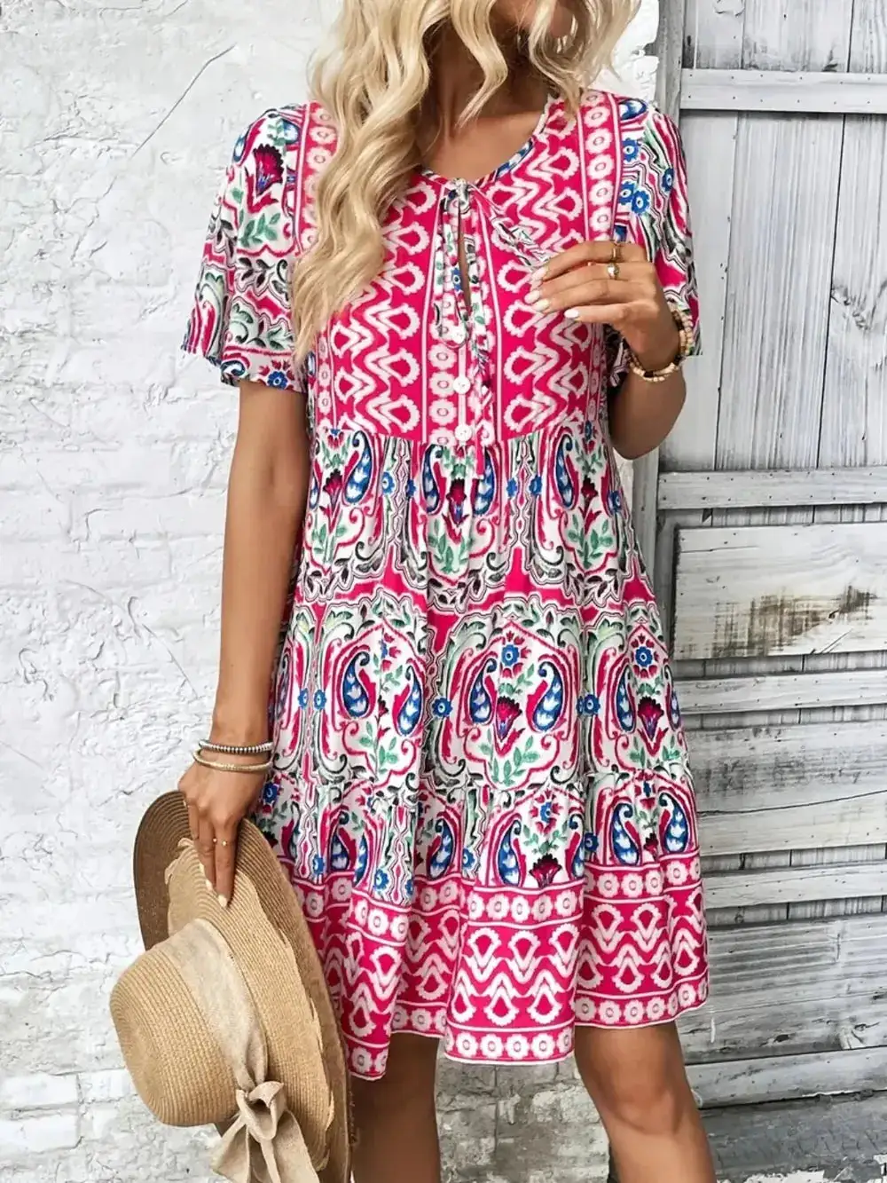 Short Sleeve Printed Midi Dress