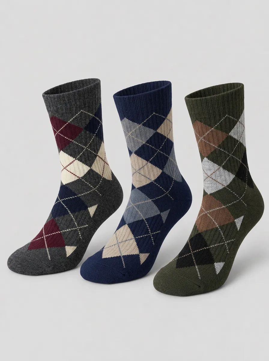Men's Multicolor Argyle Pattern Ribbed Mid-Calf Crew Socks 3-Pack
