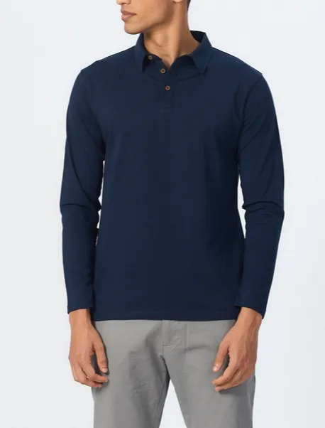 Deep Blue Long Sleeve Cotton Polo Shirt