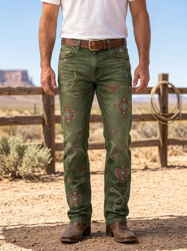Men's Western Cowboy Southwest Tribal Rope Printed Jeans