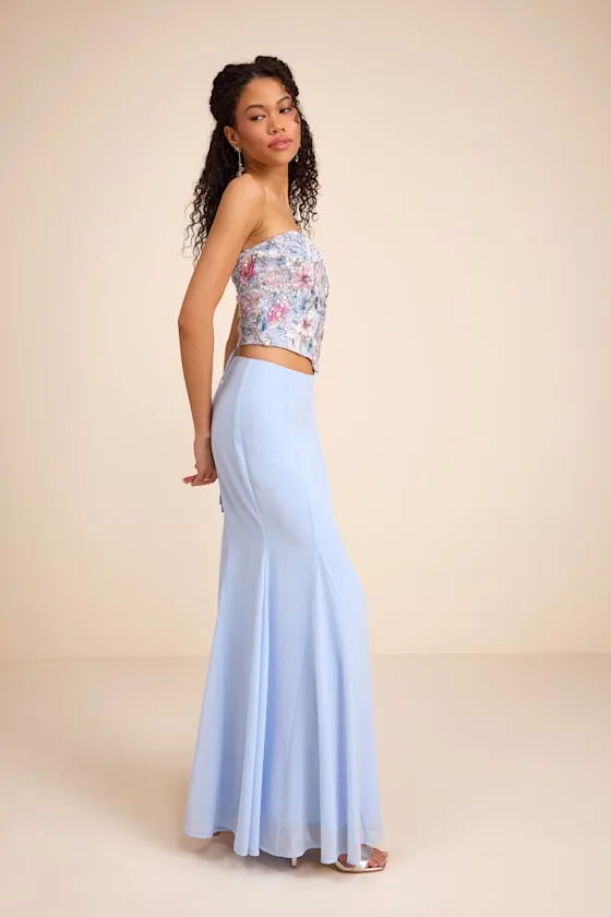 Jenna Light Blue Embroidered Strapless Two-Piece Maxi Dress