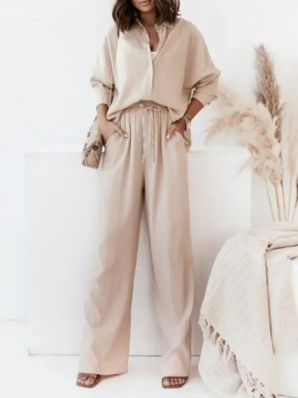 Loose Elastic Wrinkled Long-sleeved Shirt Wide-leg Pants Suit for Women