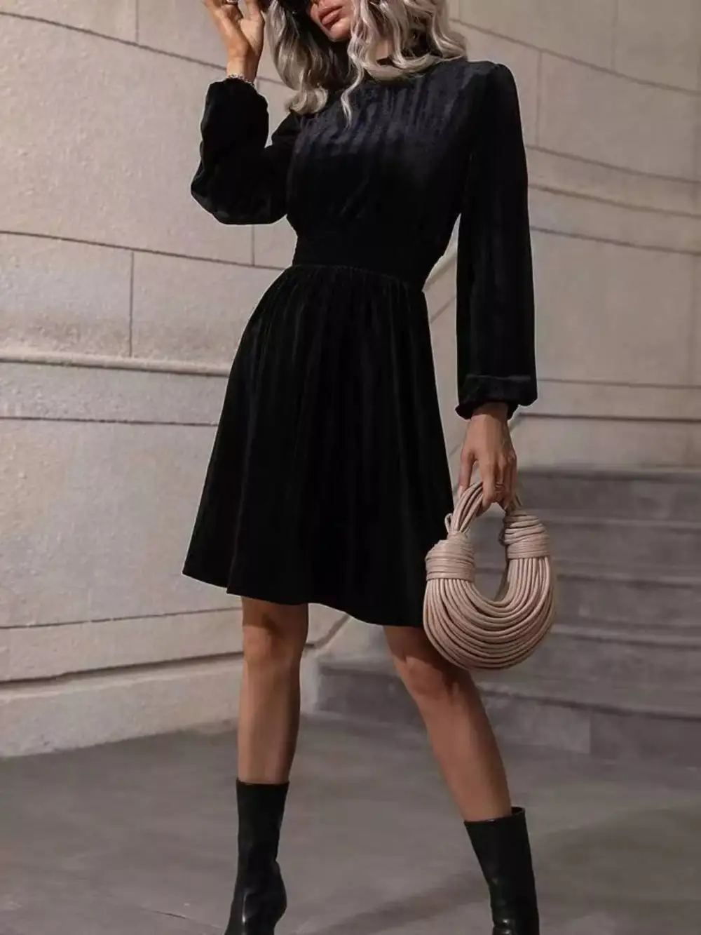 Velvet High Neck Long Sleeve Dress Casual