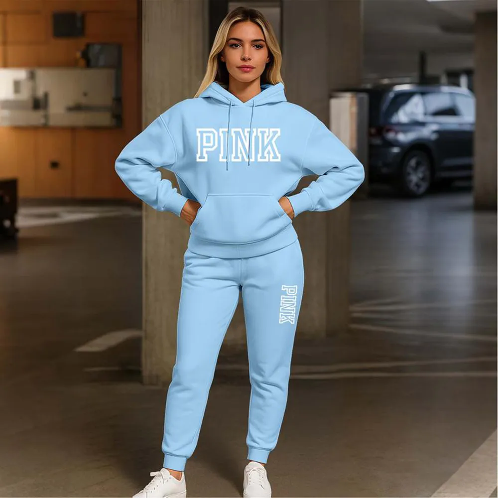 Women's Pink Print Hoodie And Drawstring Track Pants Set