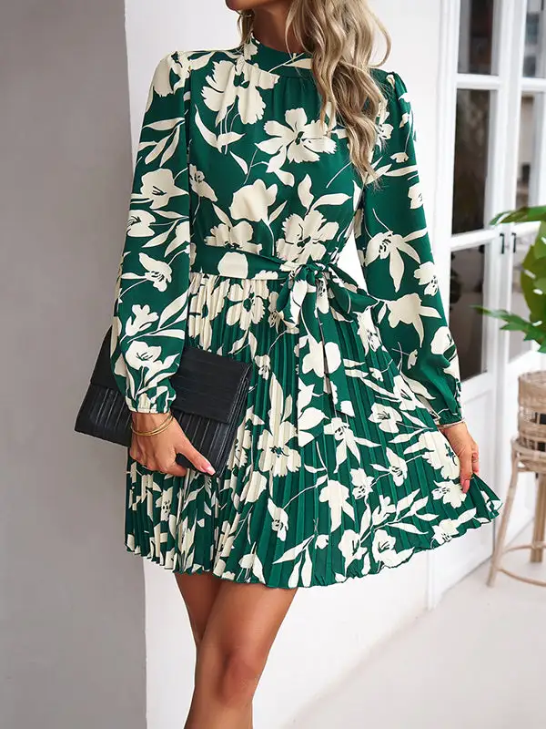 High Waisted Long Sleeve Flower Print Pleated Tied Waist Mock Neck