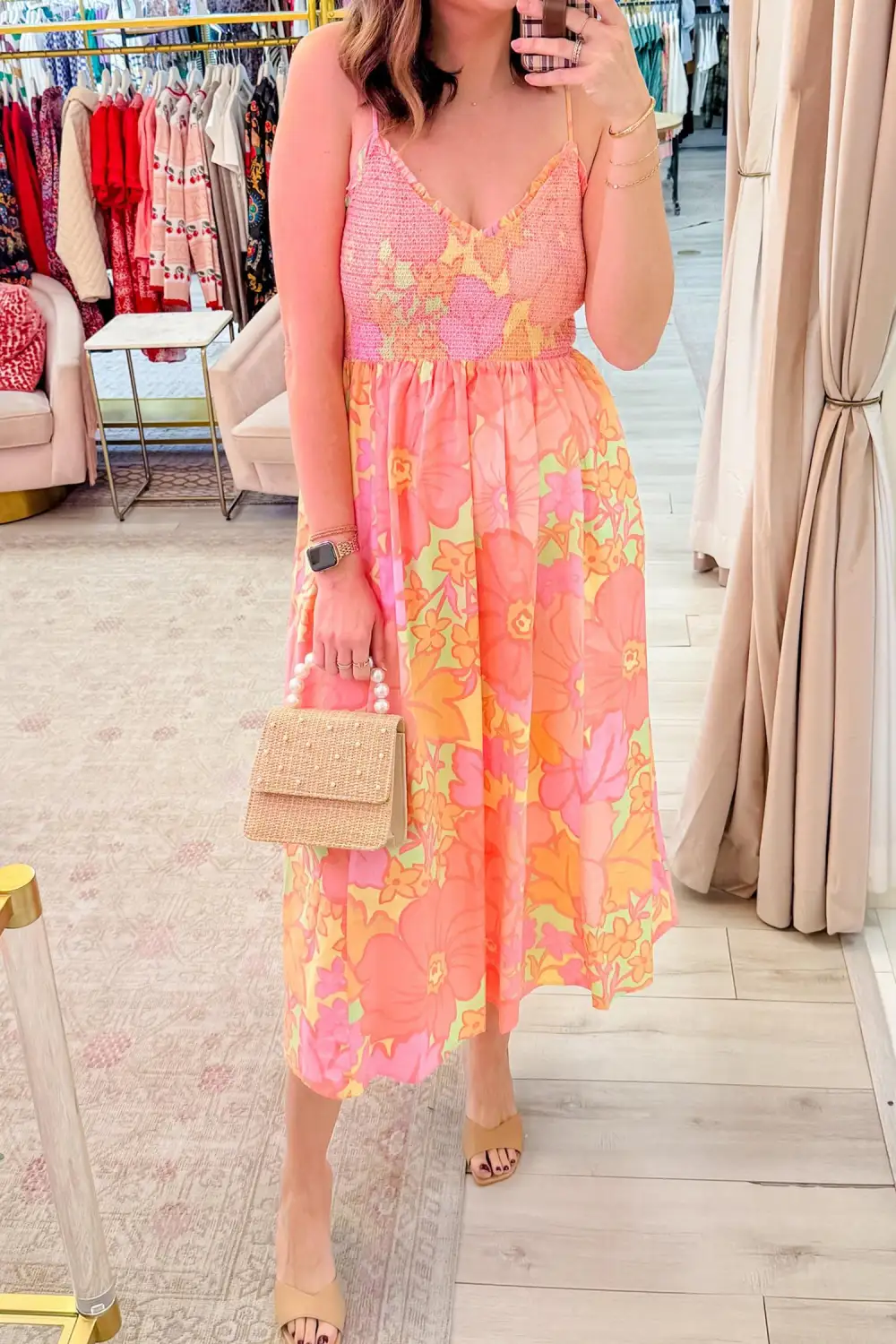 Spaghetti Straps Floral Shirred High Waist Dress