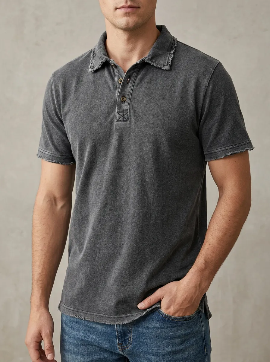 Men's Vintage Washed Distressed Raw Edge Polo Shirt