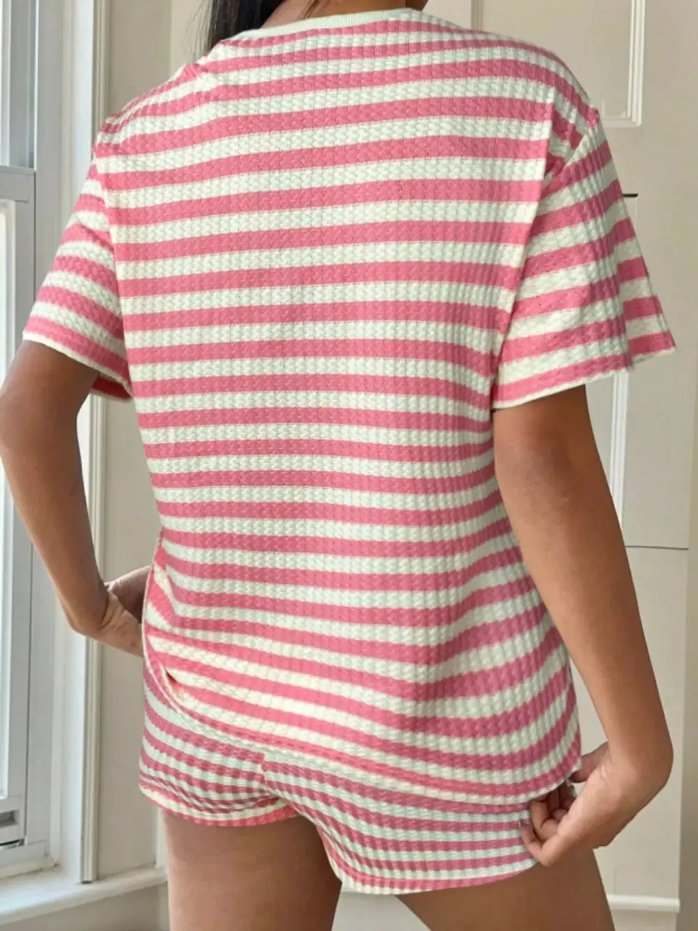 Easy Striped Round Neck Top and Shorts Set