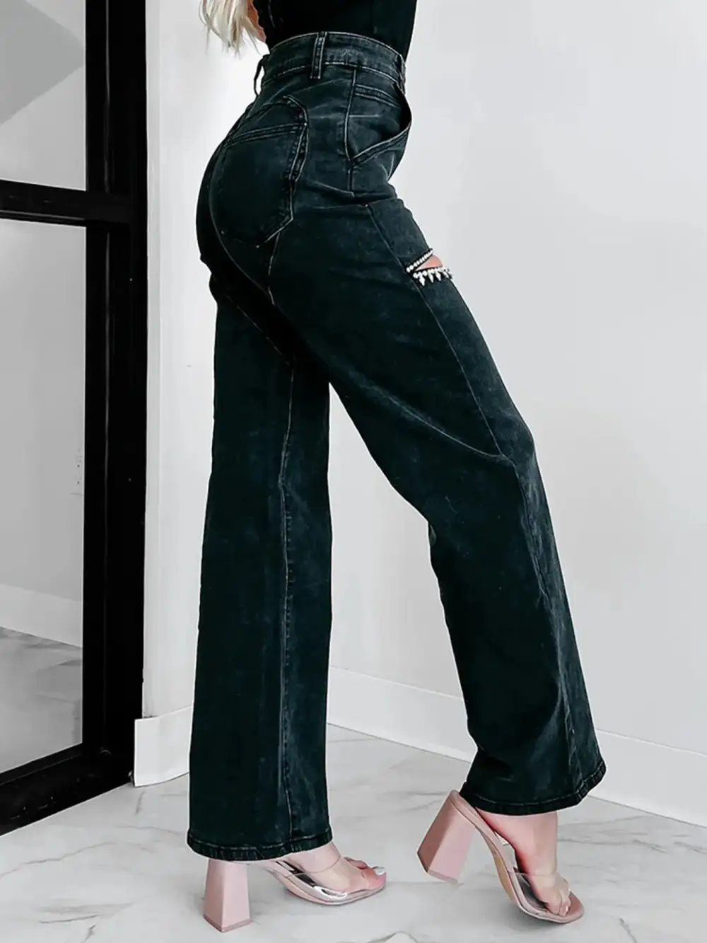 Ripped Wide Leg Wash Denim Jeans