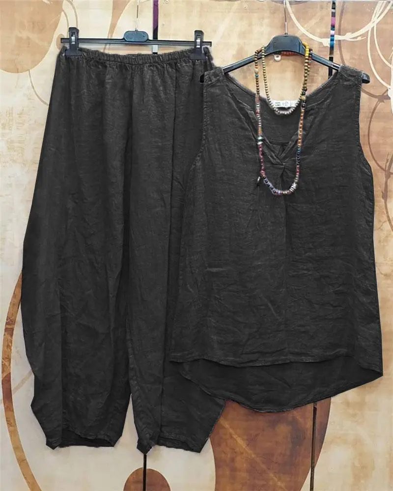 Casual Simple Solid Color Sleeveless Two Piece Suit