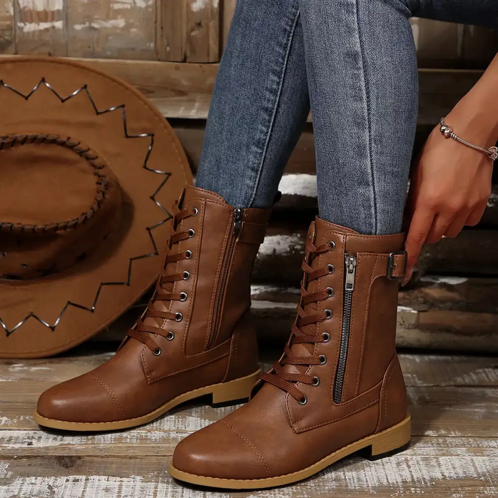 Casual Round Toe Block Heels Boots