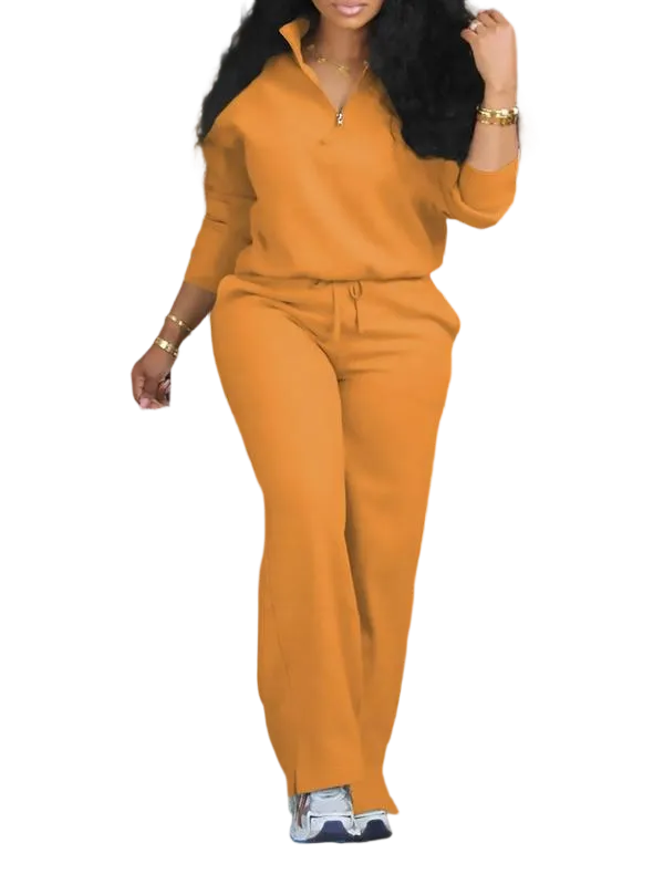 Women's Solid Half Placket Split Hem Pants Set