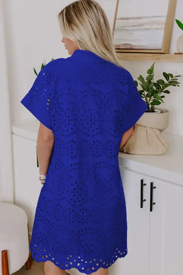 Dark Solid Color Eyelet Embroidered T Shirt Mini Dress