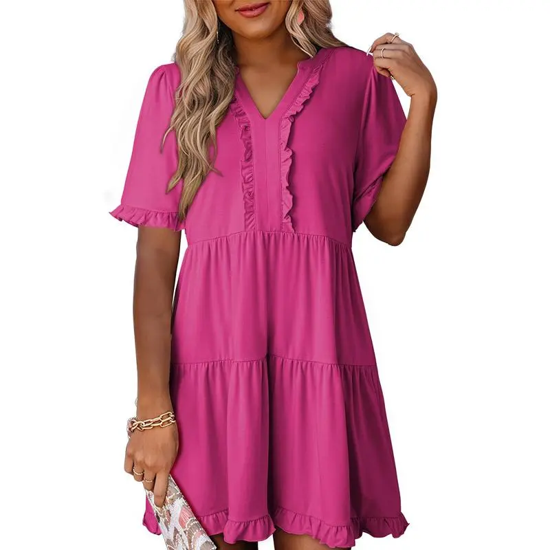 Womens Dresses 2025 Summer Spring V Neck Ruffle Short Sleeve Casual A-Line Flowy Swing Shift Dress Mini Dress