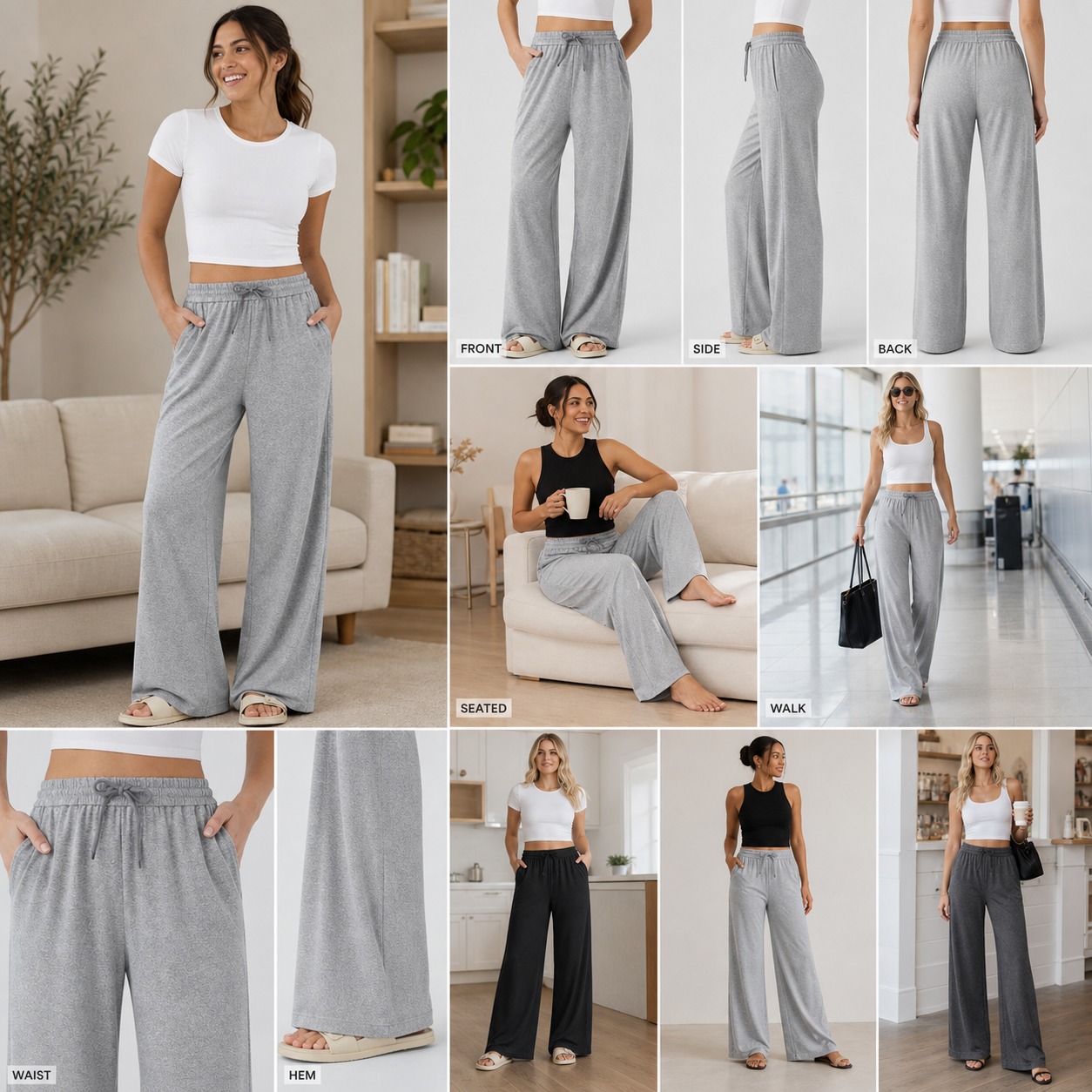 Women's High Waisted Drawstring Wide Leg Casual Pants front side back seated walking hem views