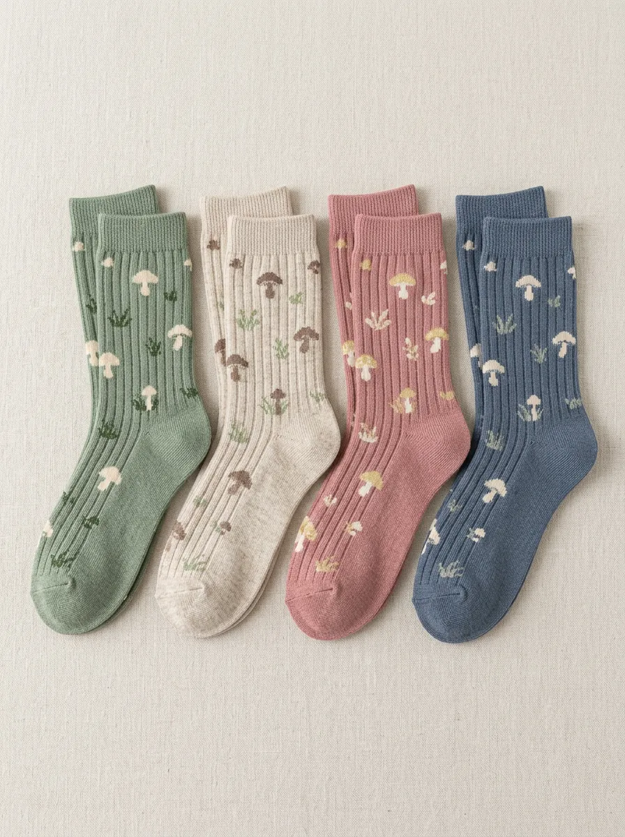 Women's Mushroom Foliage Ribbed Crew Sock Set