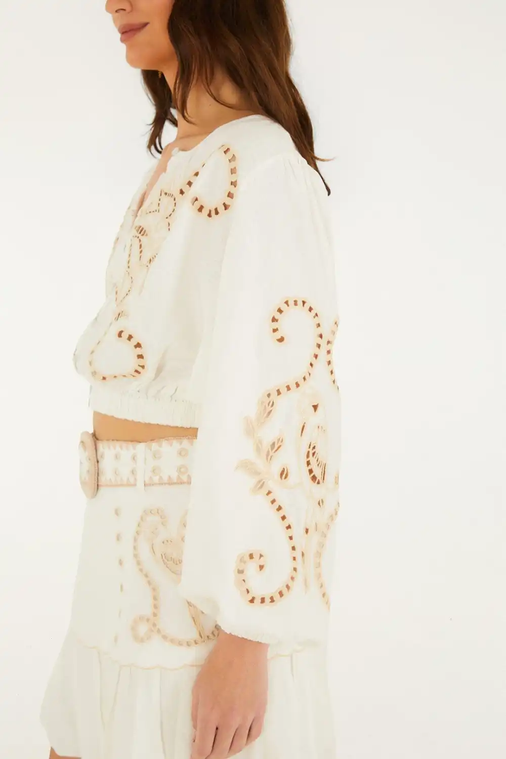 Embroidered Floral Long-Sleeve Cropped Blouse