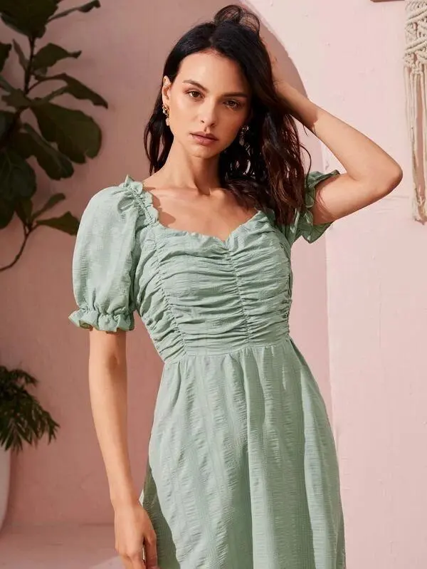 Women Ruched Front Shirred Maxi A-line Dress