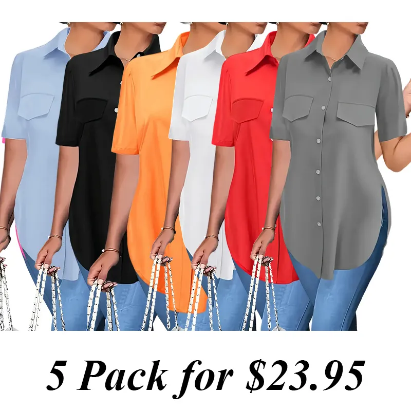 Solid Color Irregular Button Short Sleeve Shirt