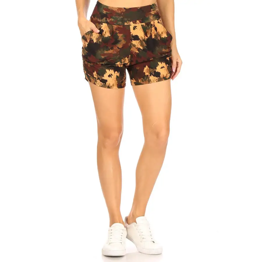 Buttery Soft Printed Harem Shorts with Pockets - Camo Streak