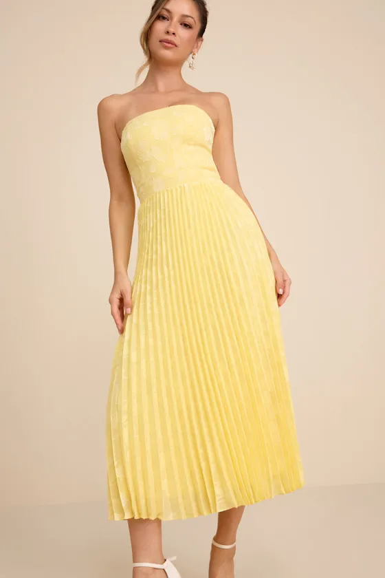 Perfectly Stunning Yellow Jacquard Strapless Midi Dress