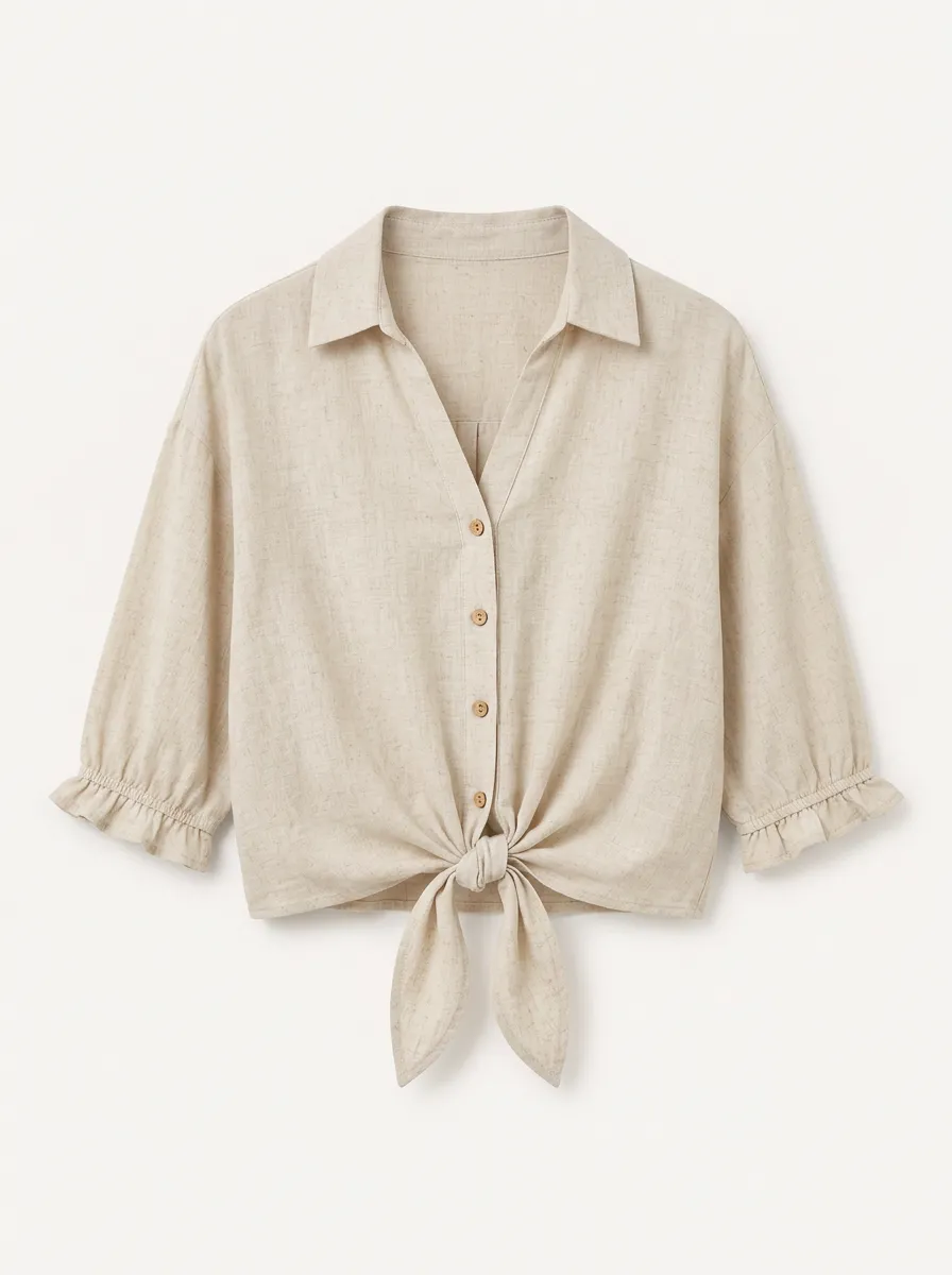 Women's Casual Beige Linen Blend Tie Front Ruffle Sleeve Shirt